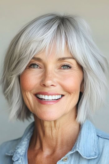 Blunt Bob with Bangs Hairstyle on a smiling woman in her 70s with short gray hair.