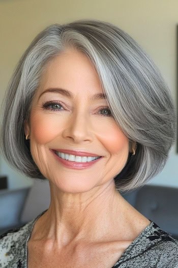 Chin-Length Bob Hairstyle on a smiling woman in her 70s with gray hair.