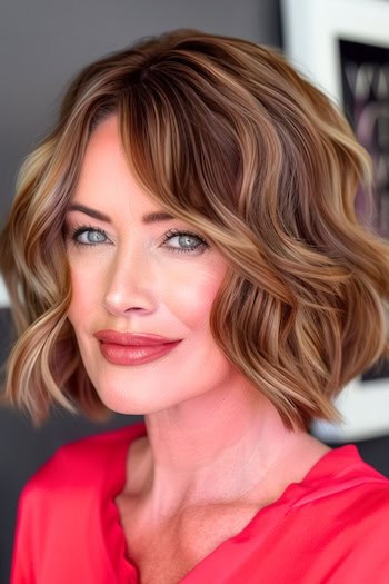 Chin-Length Waves Haircut on a smiling woman with thick brown hair.