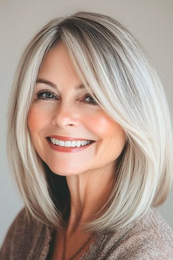 Face-Framing Lob (Long Bob) Hairstyle on a smiling woman in her 50s with blonde hair.