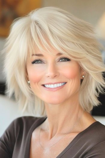 Feathered Shag with Blended Layers Hairstyle on a smiling woman with blonde hair.