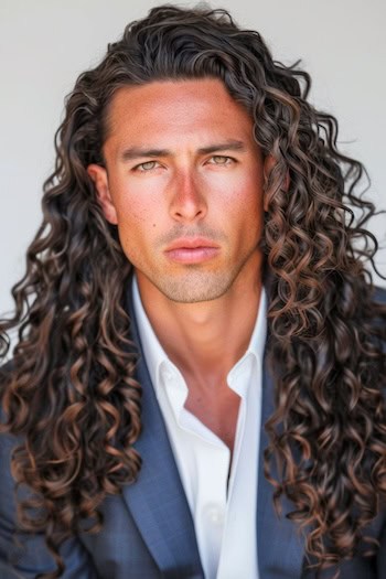 Long Curls Hairstyle on a man with brown hair in a suit.