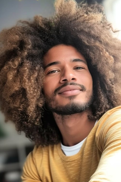 Long natural afro on handsome black man wearing yellow shirt.