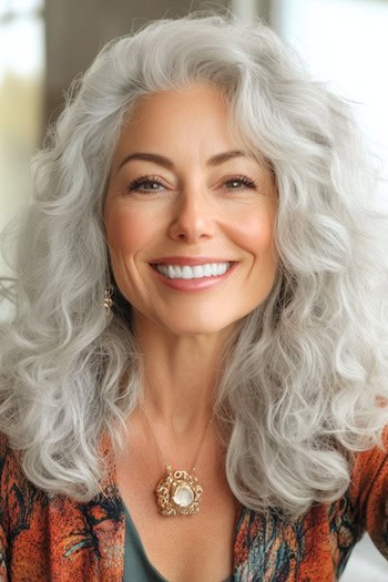 Voluminous Silver Curls Hairstyle on a smiling older woman with gray hair.
