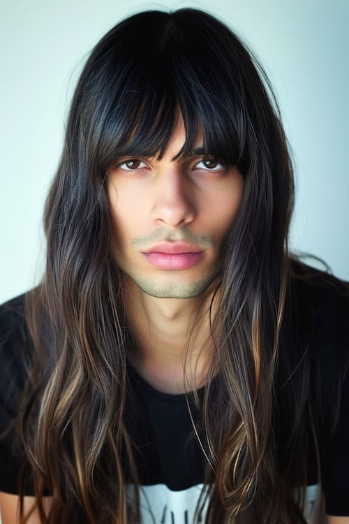 Blunt bangs long haircut on young man.
