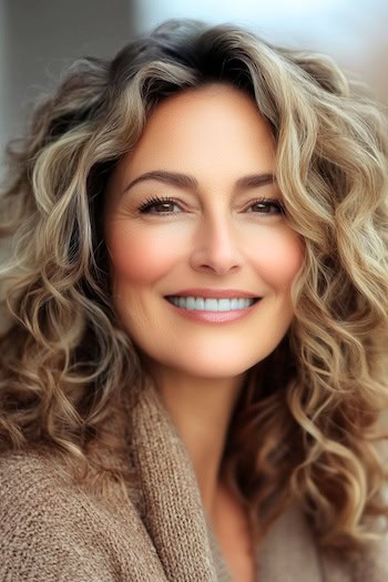Medium-Length Curls Hairstyle on a smiling woman in her 50s with light brown hair.
