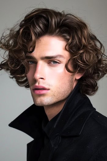 Medium-Length High Volume Curls Hairstyle on a man with brown hair.