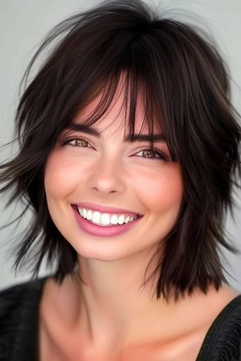 Tousled Straight Shag Hairstyle on a smiling woman with dark brown hair.