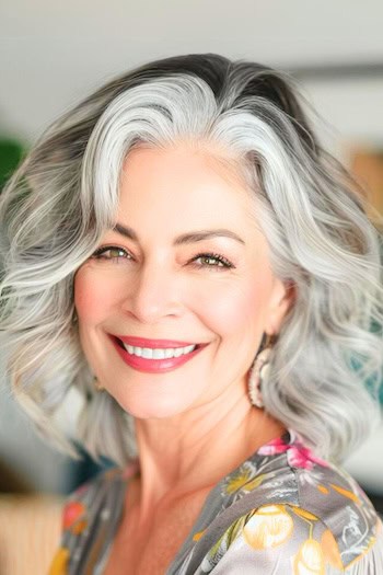 Wavy Shoulder-Length Hair Haircut on a smiling older woman with silver and black thick hair.