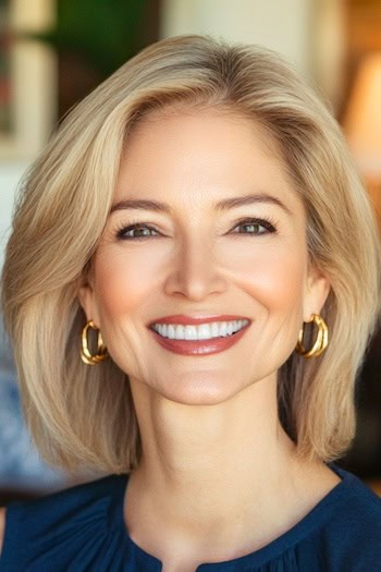 Classic Long Bob Hairstyle on a smiling woman in her 50s with shoulder-length blonde hair.