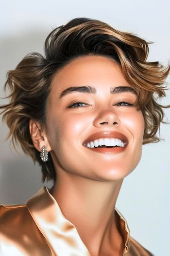 Wavy Pixie Haircut on a smiling young woman with brown hair.