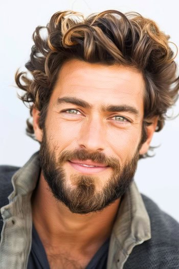 Highlighted Wavy Curls Medium-Length Hairstyle For Men.