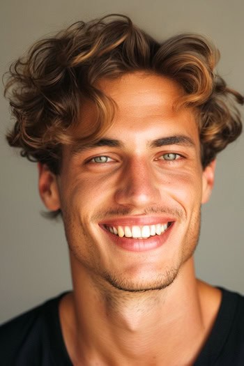 Loose Cropped Curls Hairstyle on a smiling man with brown hair.