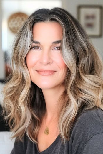 Wavy Lob (Long Bob) Haircut on a smiling woman with thick blonde-brown hair.