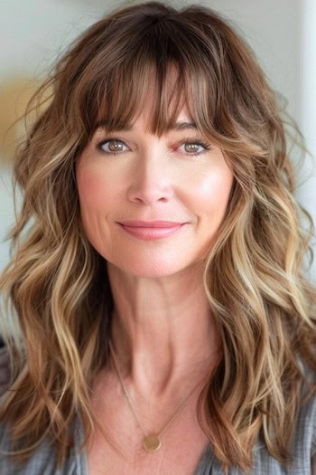 Medium-Length Shaggy Layers with Bangs Haircut on a smiling woman with brown hair.