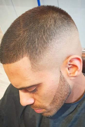 Skin Fade Buzz Cut with Line Up and Tapered Beard Men's Haircut