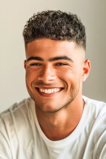 Tight Curly Fade Hairstyle on a smiling man with brown black hair.