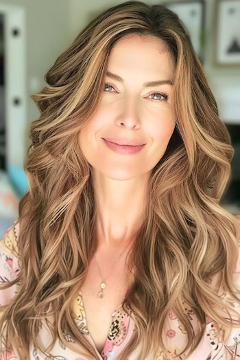 Very Long Loose Waves Haircut on a smiling woman with brown hair.