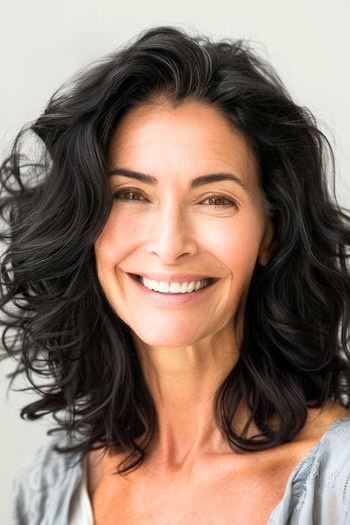 Medium-Length Wavy Layers Haircut on a smiling woman with black hair.