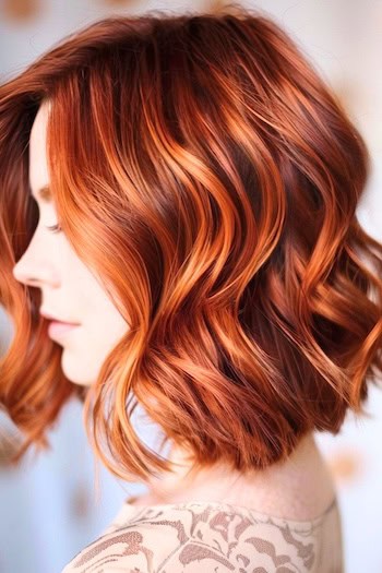 Copper Wavy Long Bob Haircut on a woman with thick copper red hair, side view.