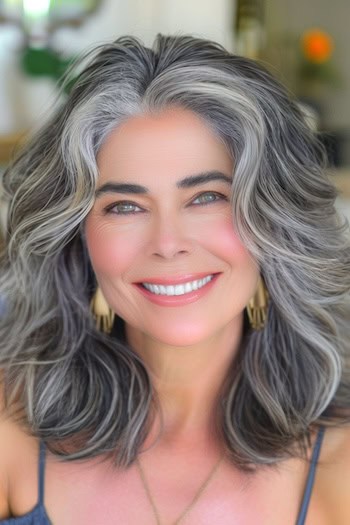 Salt And Pepper Waves Haircut on a smiling woman with thick salt and pepper hair color.