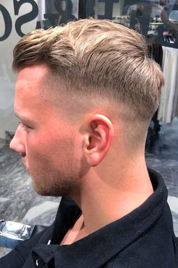 Brushed Up Textured Top with Fade Men's Haircut, side view.