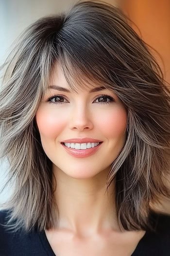 Feathered Shag with Soft Layers Hairstyle on a smiling woman with brown hair.