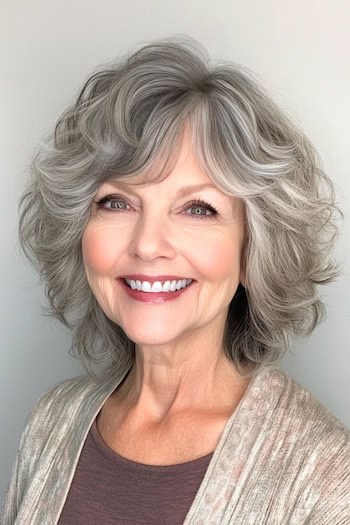 Layered Curly Bob with Bangs Hairstyle on a smiling woman in her 70s with gray hair.