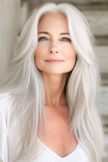 Long Wispy Layers Hairstyle on a woman in her 70s with long light gray hair.