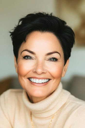 Short Swept-Back Pixie Hairstyle on a smiling woman in her 50s with short dark brown hair.