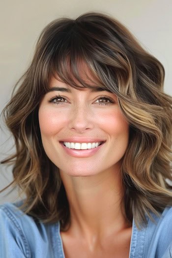 Shoulder-Length Waves with Bangs Haircut on a smiling woman with thick brown hair.