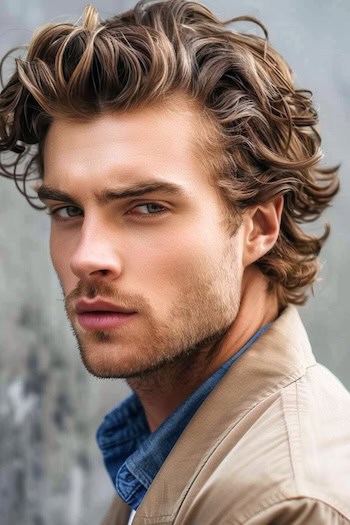 Slicked Back Medium Length Waves Hairstyle For Men.