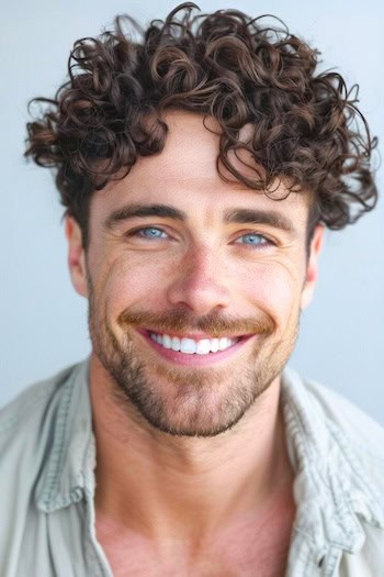 Tousled Cropped Curls Hairstyle on a smiling man with brown hair.