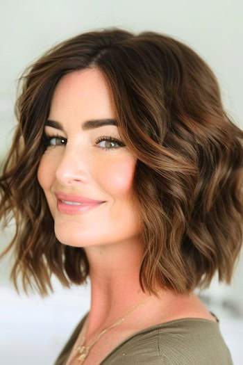 Blunt Wavy Long Bob Haircut on a smiling woman with brown hair.