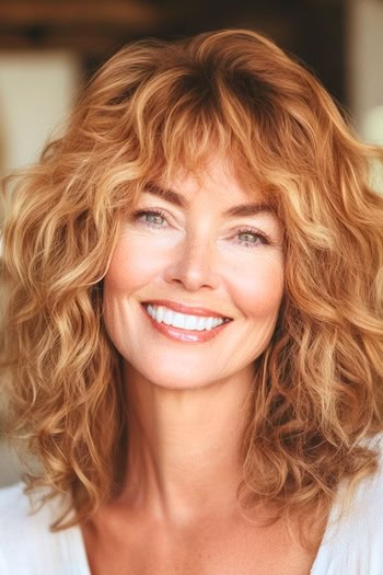 Curly Shag with Bangs Hairstyle on a smiling older woman with dark honey blonde hair.