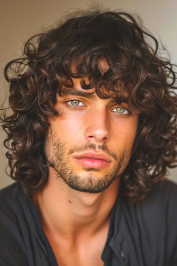 Curly Shaggy Cut Hairstyle on a man with brown hair.