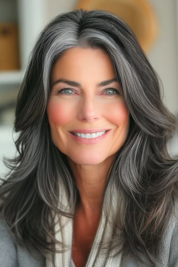 Gray Blending for Dark Hair Hairstyle on a smiling woman in her 50s with long gray salt and pepper hair.
