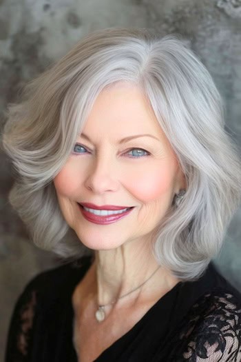 Lob With Side-Swept Bangs Hairstyle on a smiling woman in her 70s with gray hair.