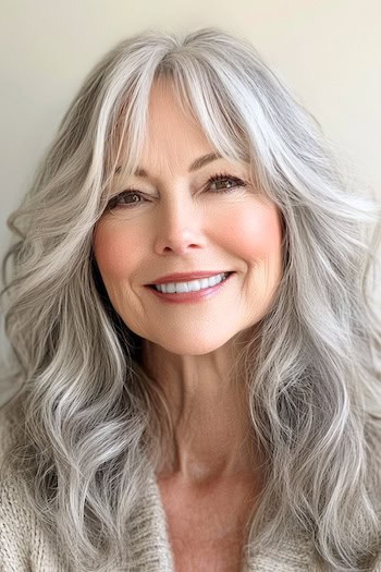 Long Layered Waves with Side-Swept Bangs Hairstyle on a smiling woman in her 70s with long gray hair.