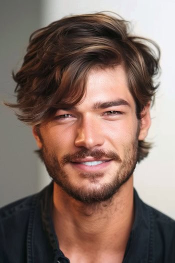Medium Length Waves with Side Swept Bangs Hairstyle For Men.