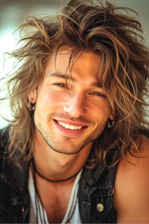 Retro 80s rocker mens long hairstyle.
