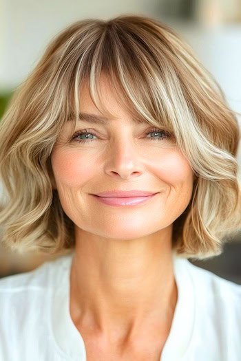 Blunt Wavy Bob with Bangs Hairstyle on a smiling woman in her 50s with short blondish brown hair.