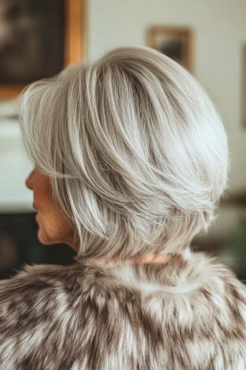 Feathered Bob Hairstyle on a woman in her 70s with gray hair, back view.