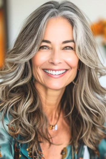 Long Feathered Wavy Layers Haircut on a smiling woman with salt and pepper hair.