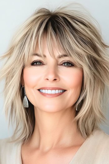 Shaggy Lob (Long Bob) Hairstyle on a smiling woman with blonde hair.