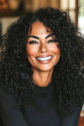 Silky Long Coils Hairstyle on a smiling older woman with black hair.