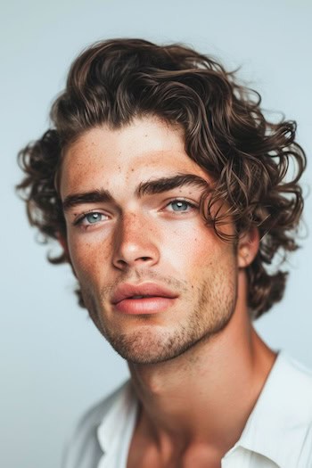 Voluminous Side-Parted Curls Hairstyle on a man with brown hair.