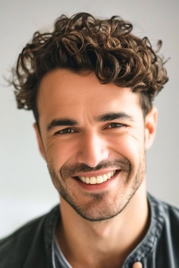 Cropped Curls with Undercut Hairstyle on a smiling man with brown hair.