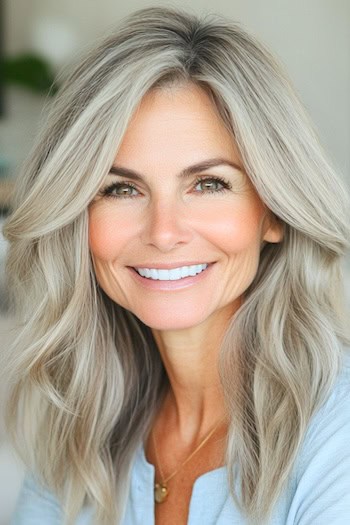 Long Face-Framing Layers Hairstyle on a smiling woman in her 50s with long grayish blonde hair.