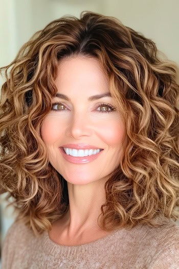Shoulder-Length Highlighted Curls Hairstyle on a smiling older woman with brown hair and caramel highlights.